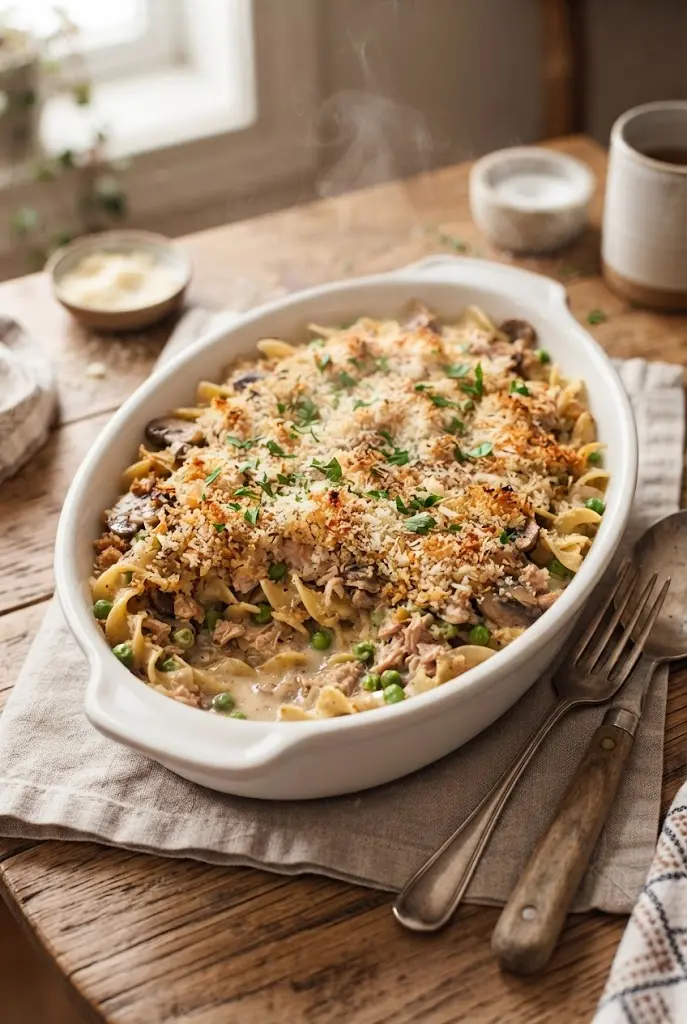 Classic creamy tuna casserole with egg noodles, tuna, peas, mushrooms, cheese, and a golden crunchy topping